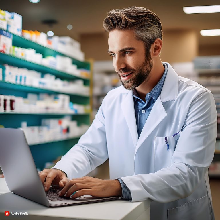 pharmacist using software on laptop computer while examining at pharmacy